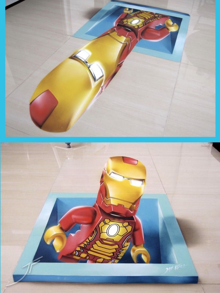 Figura de Iron Man estilo LEGO que emerge de un hueco 3D en el suelo