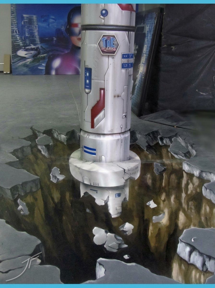 Columna decorada como un cohete futurista sobre una grieta 3D en el suelo