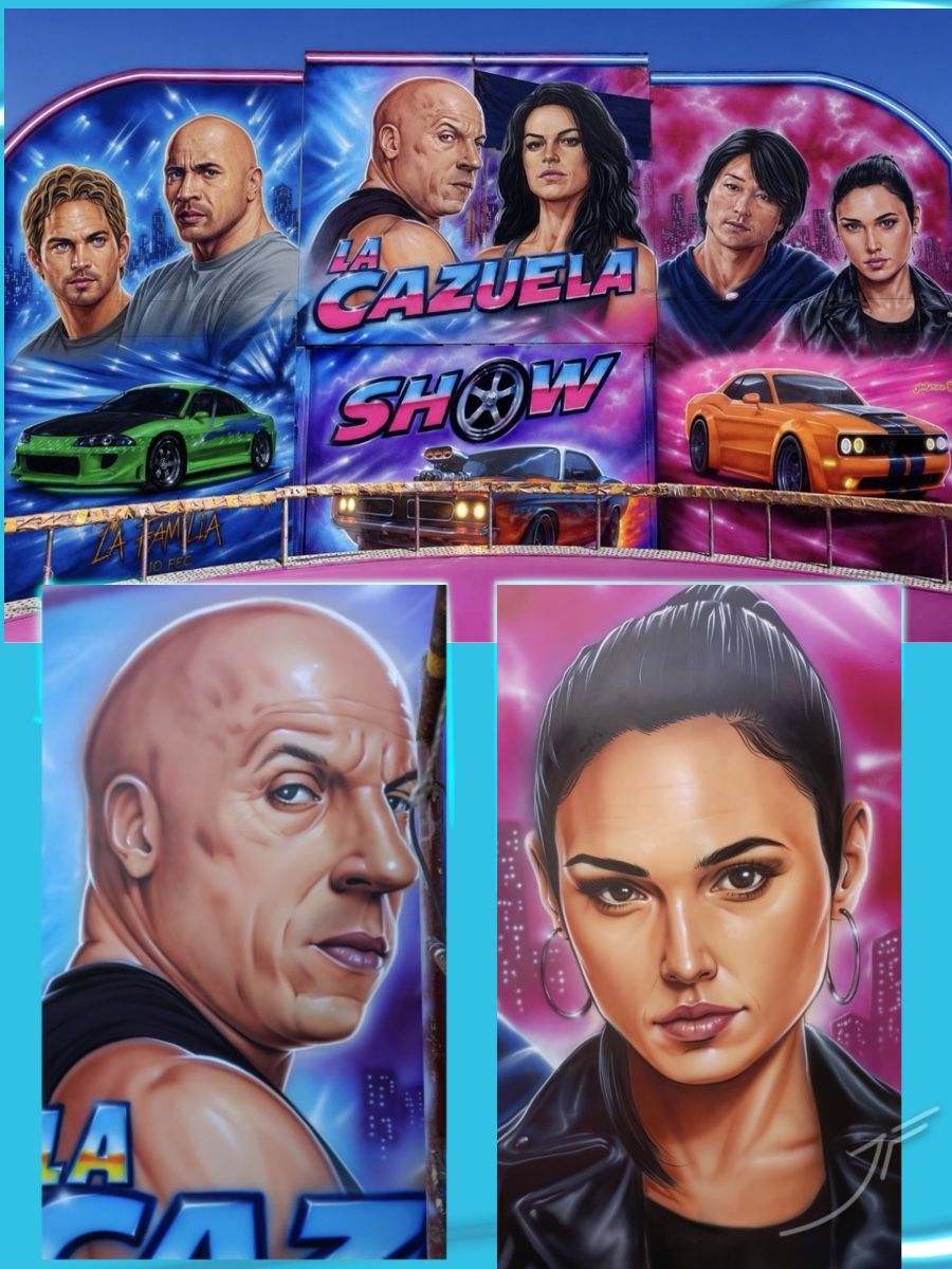 Frontal de atracción con retratos aerografiados, coches y el rótulo La Cazuela Show, con detalles de dos rostros