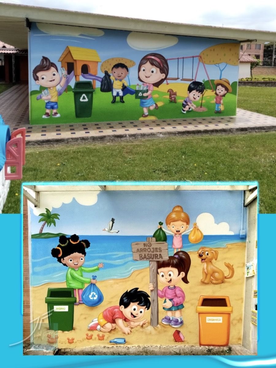 Murales infantiles sobre reciclaje con niños, canecas de colores, una playa y un perro