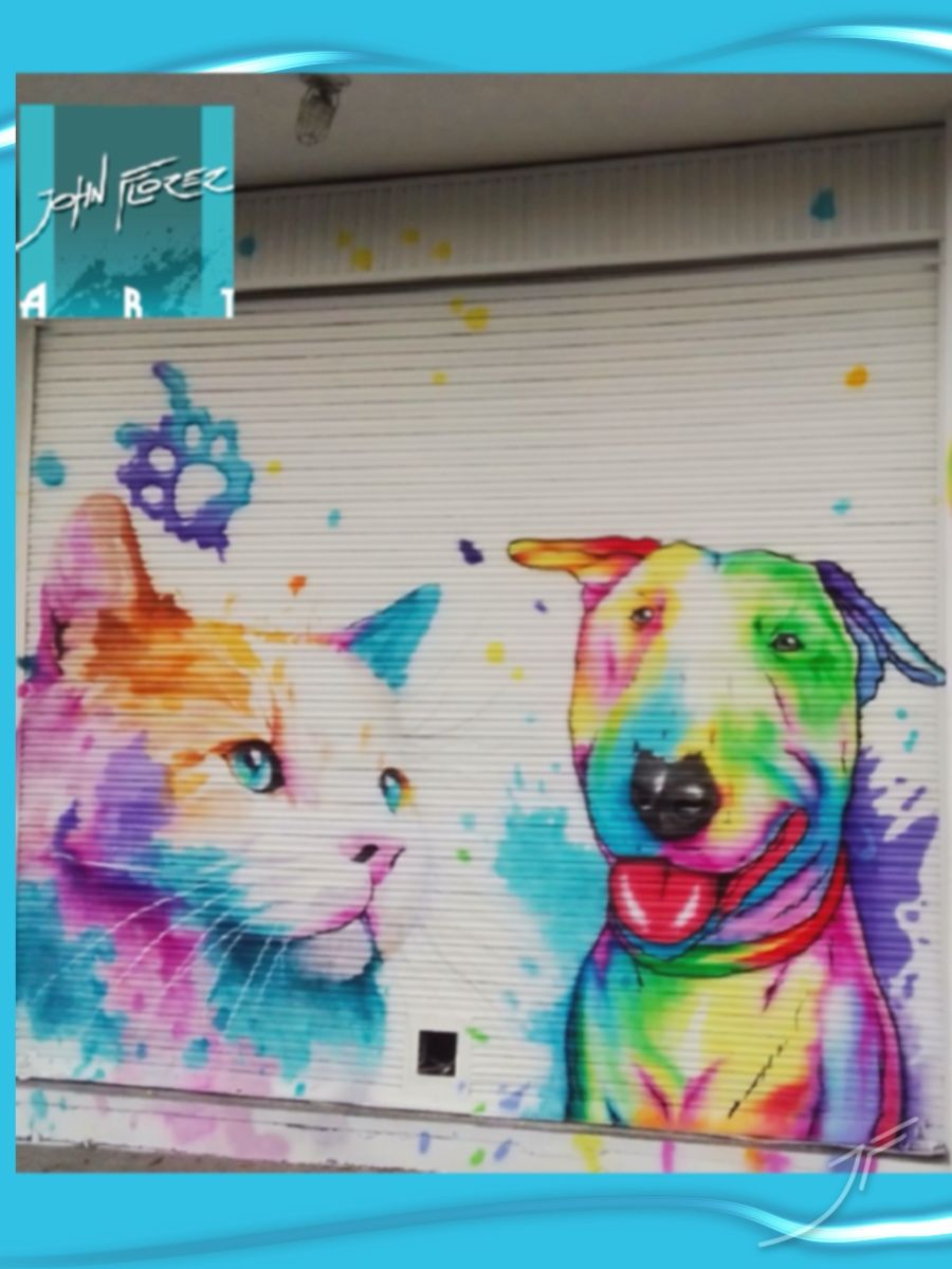 Persiana metálica pintada con un gato y un perro en colores de acuarela