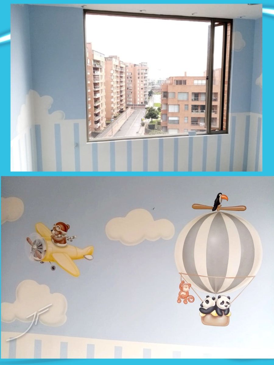 Habitación infantil con nubes, un oso en avioneta y animales en un globo aerostático