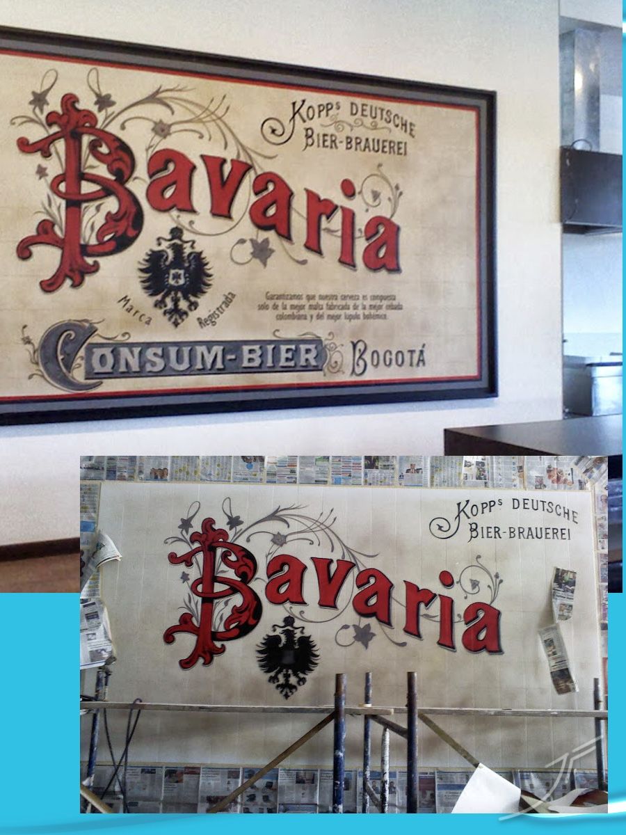 Mural que recrea un cartel antiguo de cervecería con letras rojas, ornamentos y un águila