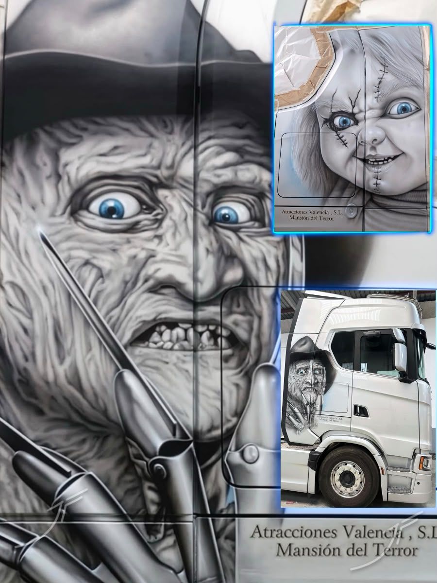 Camión blanco con retratos aerografiados de dos personajes de terror en blanco y negro, con detalles de los rostros