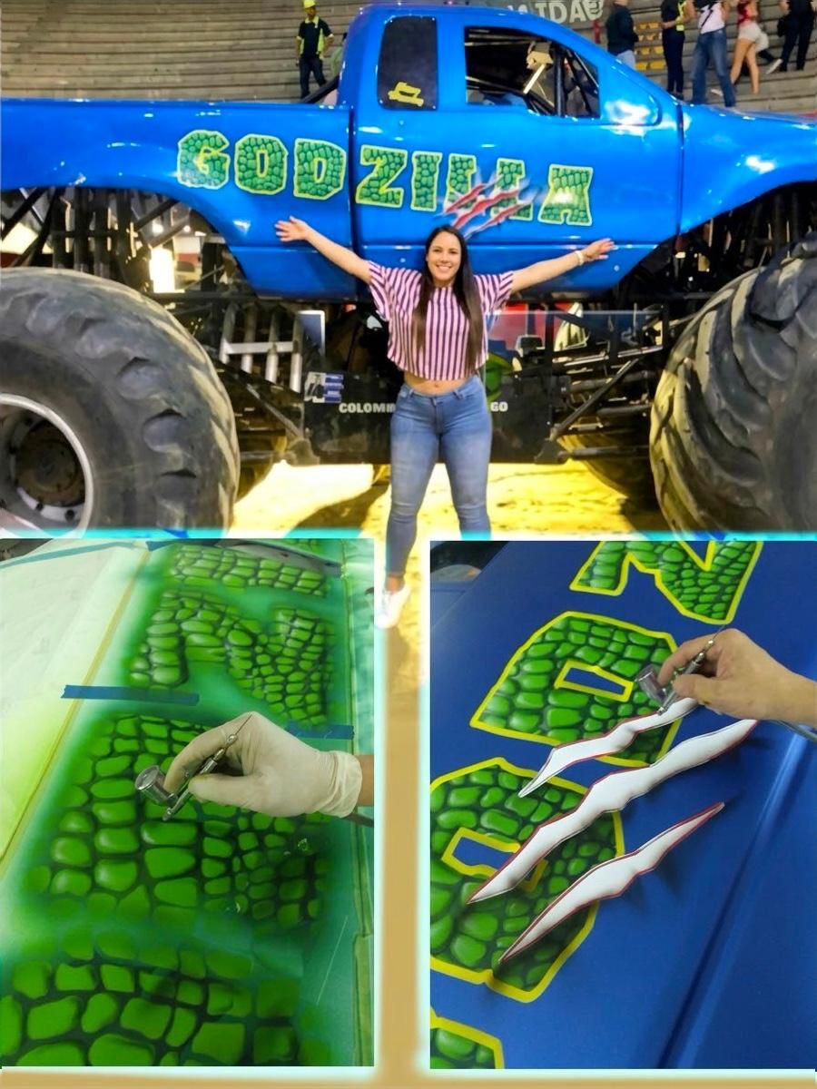 Monster truck azul con el nombre Godzilla en letras de piel de reptil verde y fotos del proceso con aerógrafo